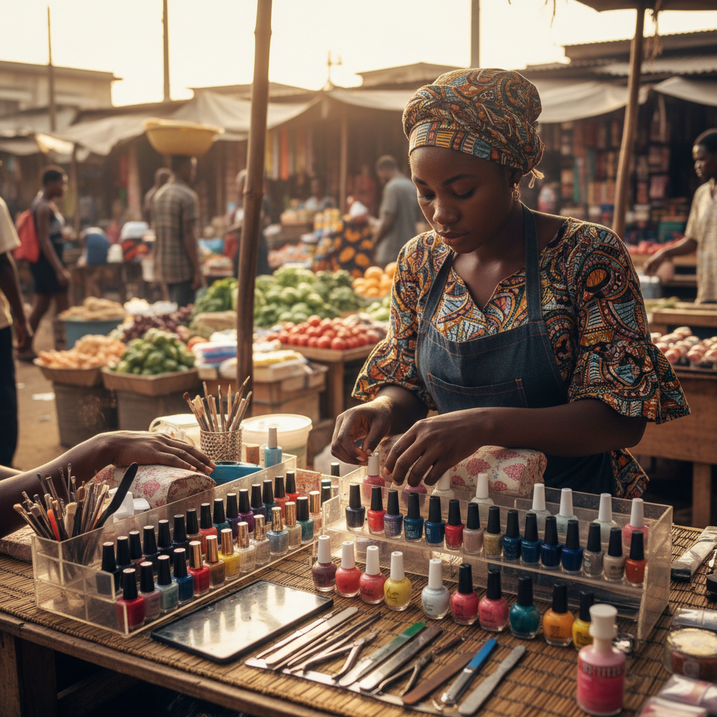 A neat and organized toolkit for a mobile nail technician, showing various nail polishes, files, and brushes.