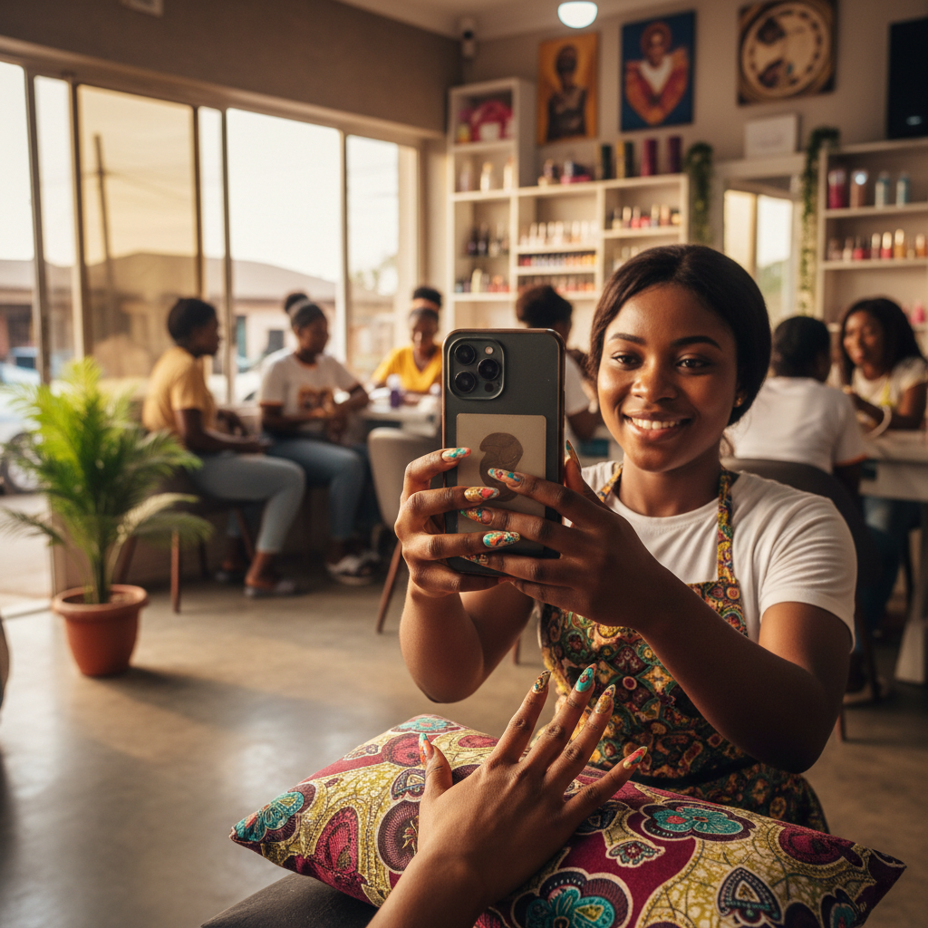 A Nigerian nail technician taking a high-quality photo of a client's freshly done nails for her social media portfolio.