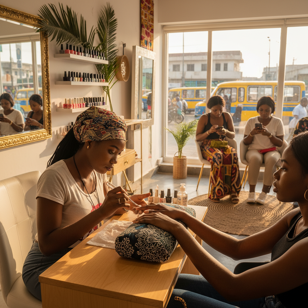 A skilled Nigerian nail technician applying acrylic to a client's nail.