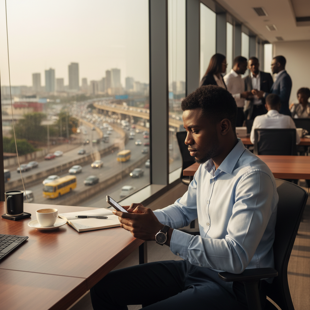 A young Nigerian man carefully reviewing his finances on his smartphone in an office setting.