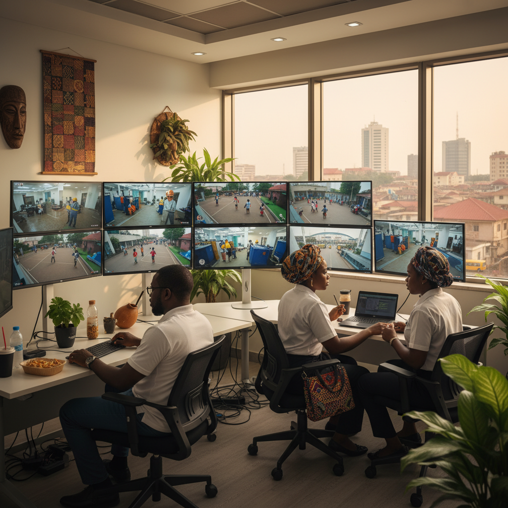 A security control room with multiple screens showing CCTV footage from various cameras.