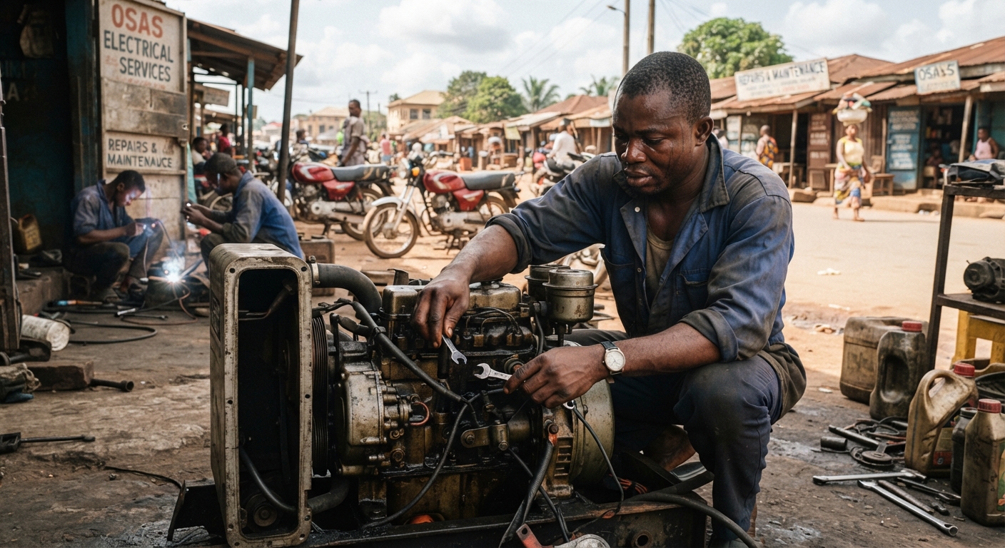 A generator repair technician in Benin City carefully examining an engine component.