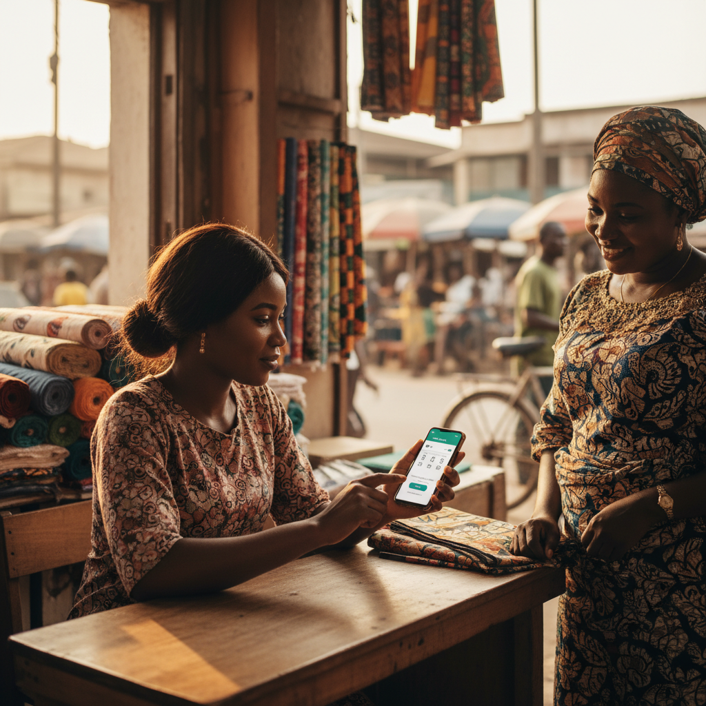 A Nigerian food vendor using the TrustAm app on her phone to create a payment link.