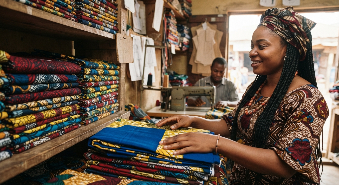 Various colorful African print fabrics neatly folded in a tailor's shop in Ibadan.