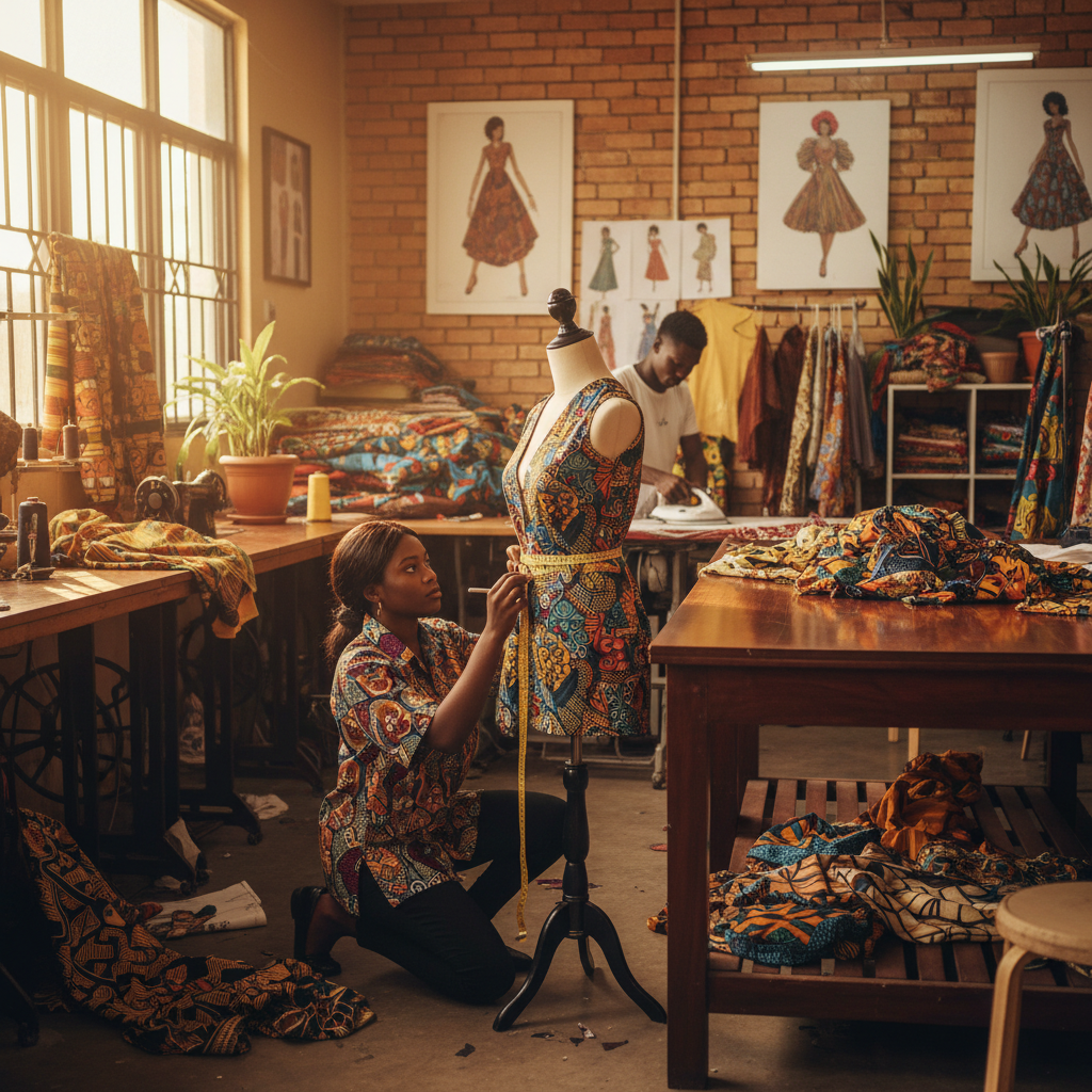 A Nigerian tailor focused on her work, representing a small business owner.