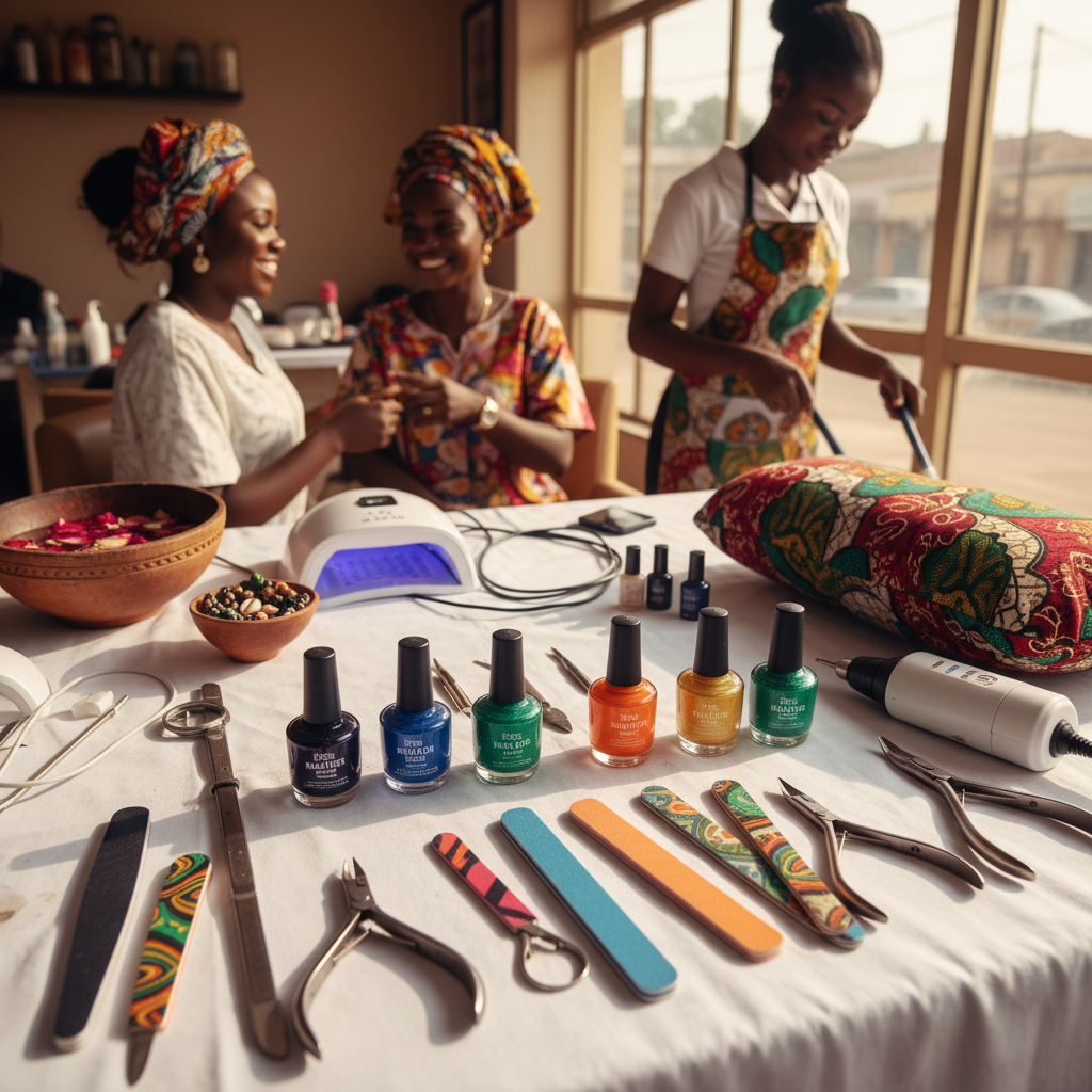 An organised collection of nail technician tools including polishes, files, and a UV lamp.