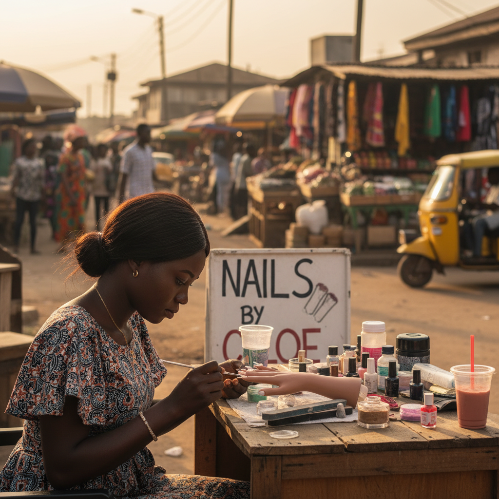 A Nigerian nail technician carefully applying an acrylic bead to a practice finger.