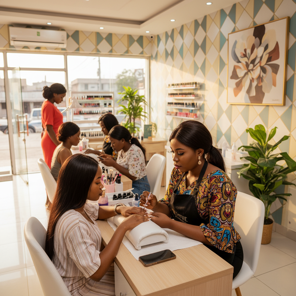 A professional Nigerian nail technician carefully applying red gel polish to a customer's fingernails.