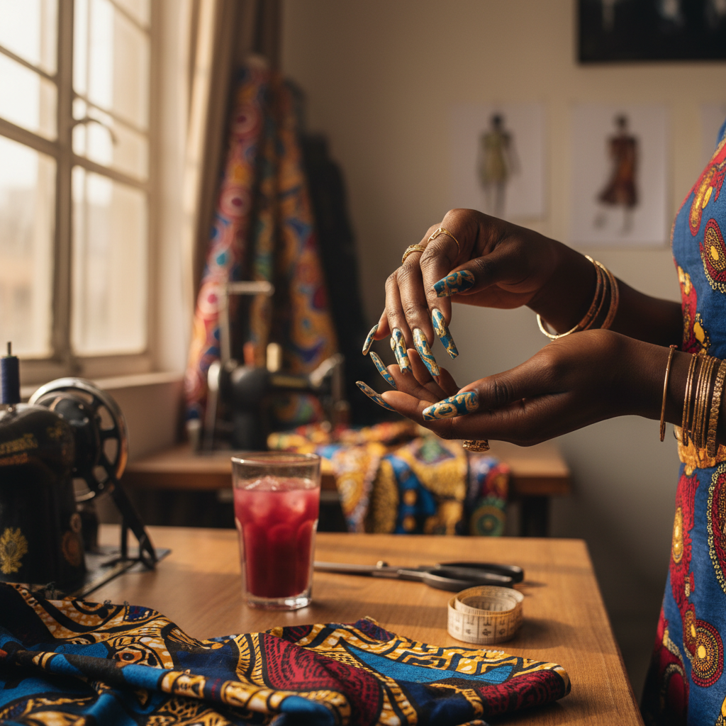 A detailed close-up of a Nigerian woman's hands showing off a flawless manicure with creative nail art.