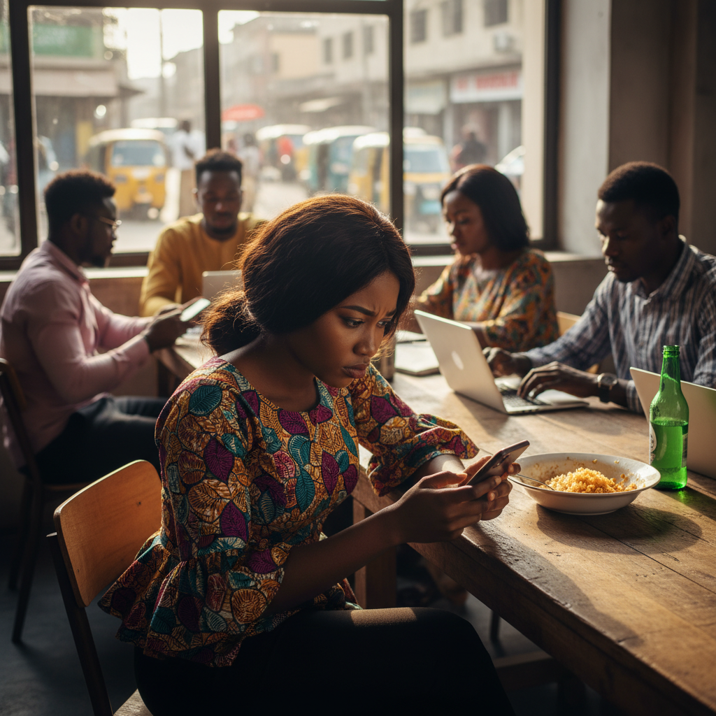 A young Nigerian woman looking at her phone with a frustrated expression, representing a bad booking experience.