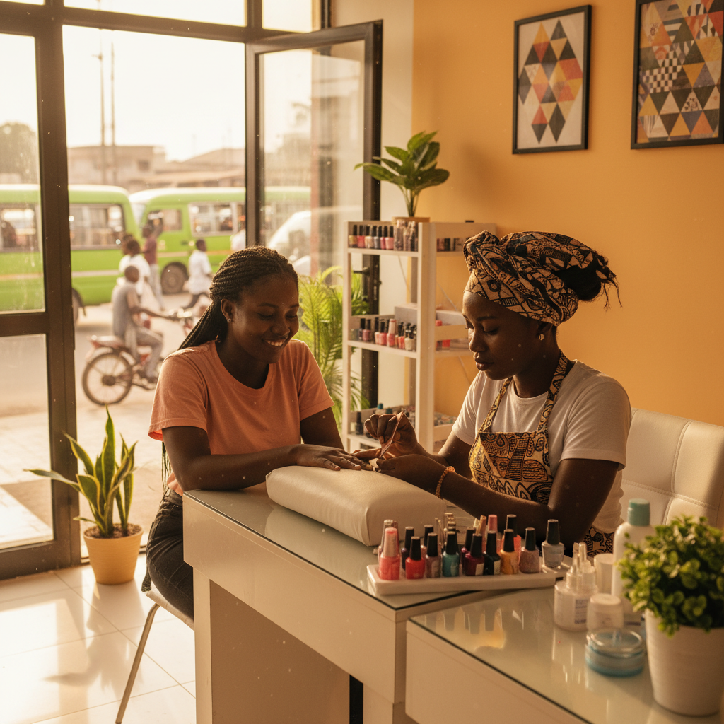 A focused Nigerian nail technician applying gel polish to a client's nails.
