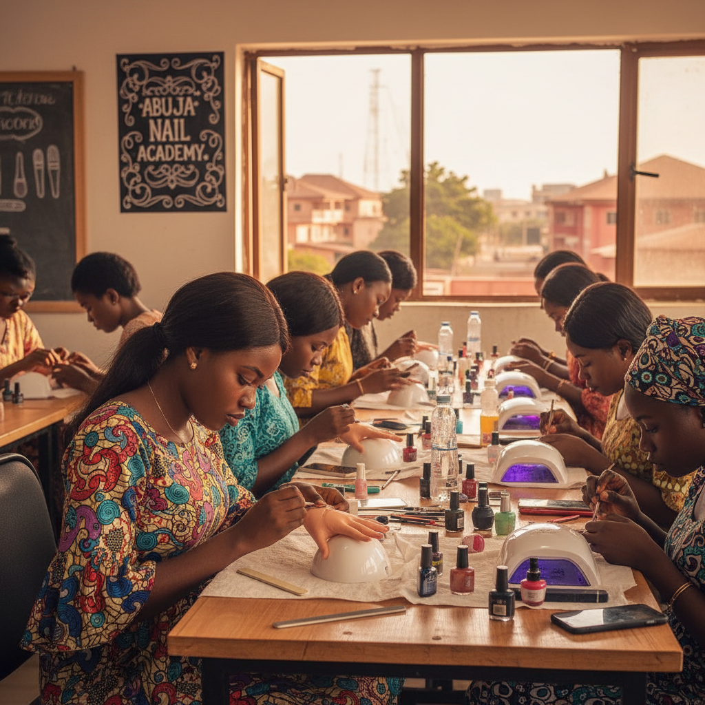 A Nigerian student practicing nail application in a beauty training academy.