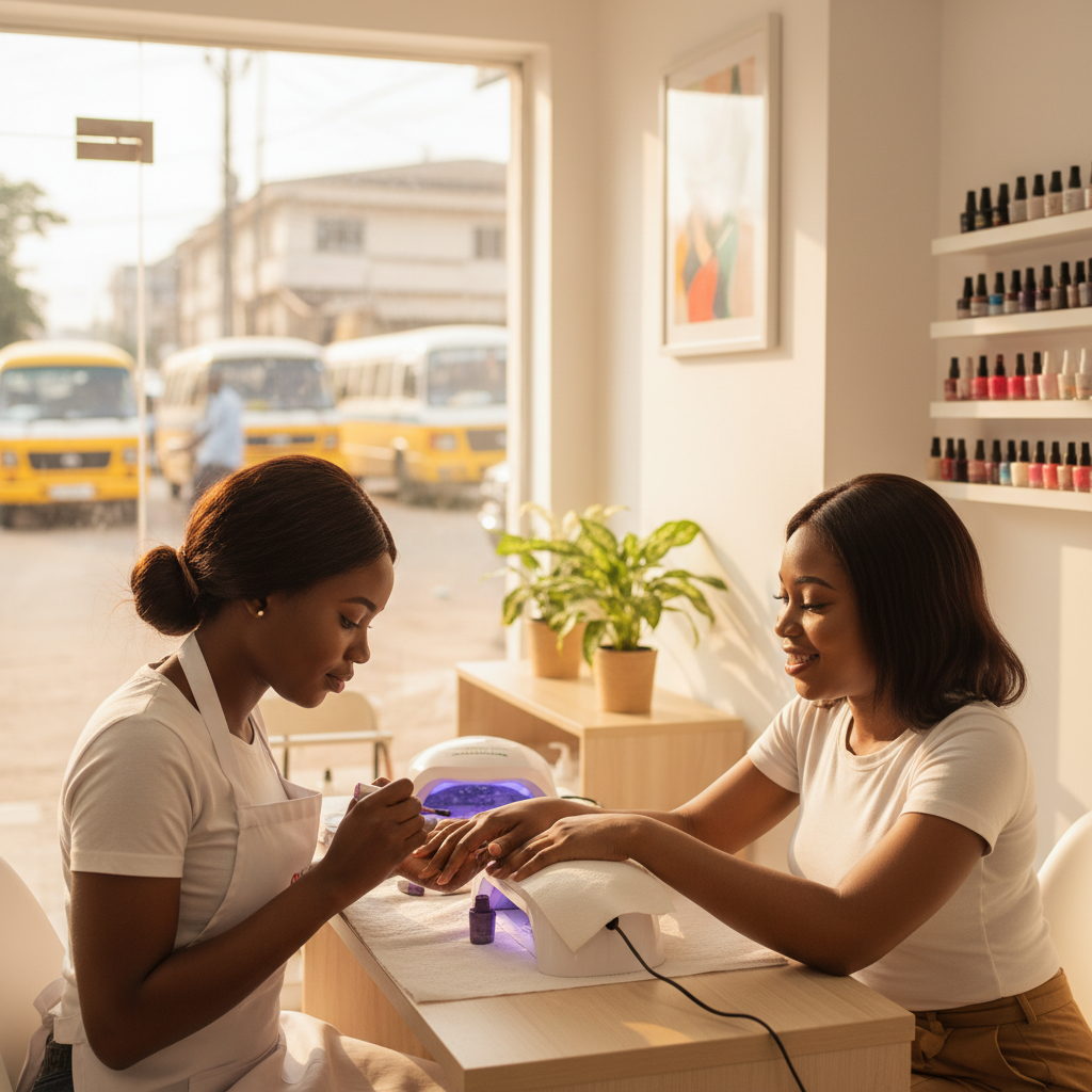 A Nigerian nail technician carefully painting a client's nails with red gel polish.