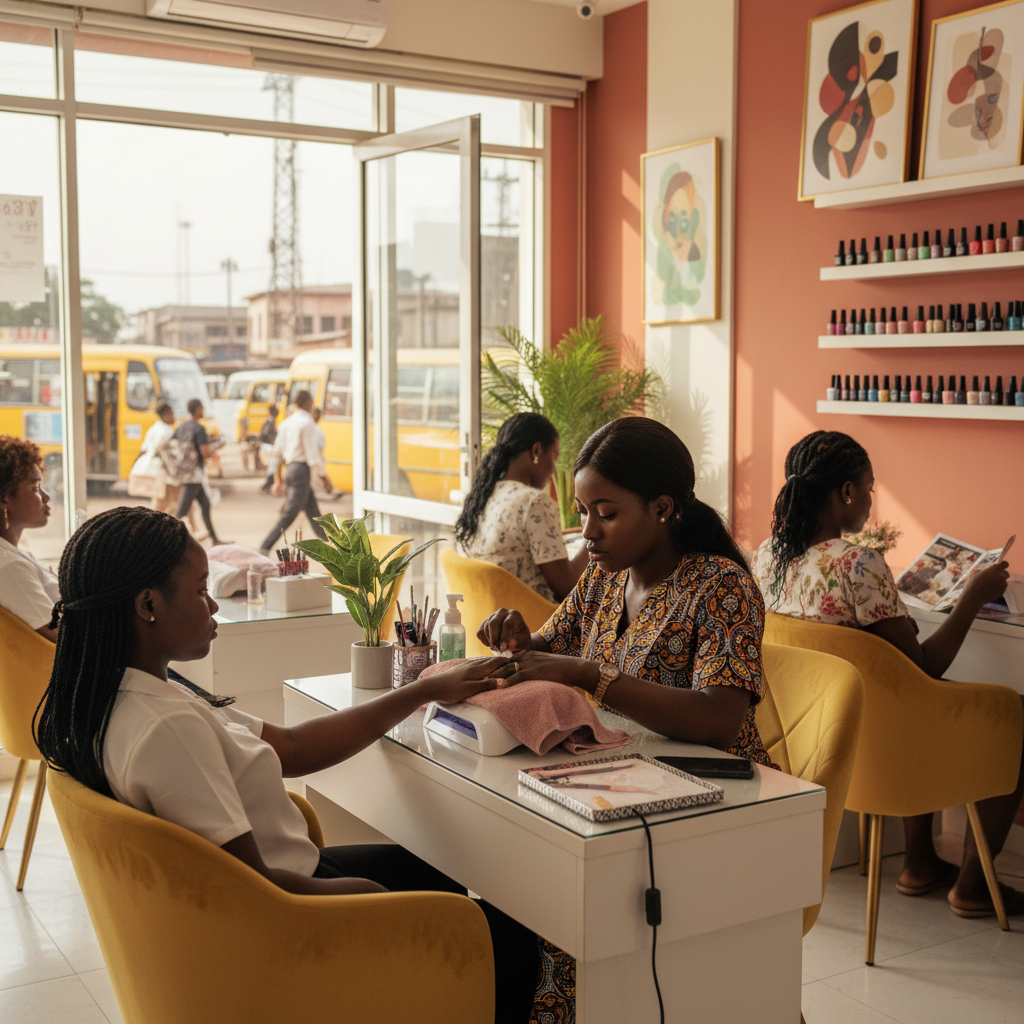 A skilled Nigerian nail technician carefully applying acrylic to a client's nails.