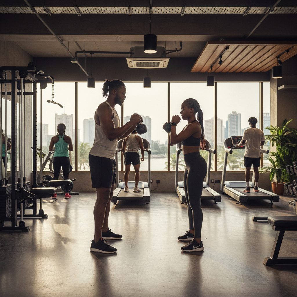 A Nigerian fitness trainer spotting a client doing a bench press in a well-equipped gym.