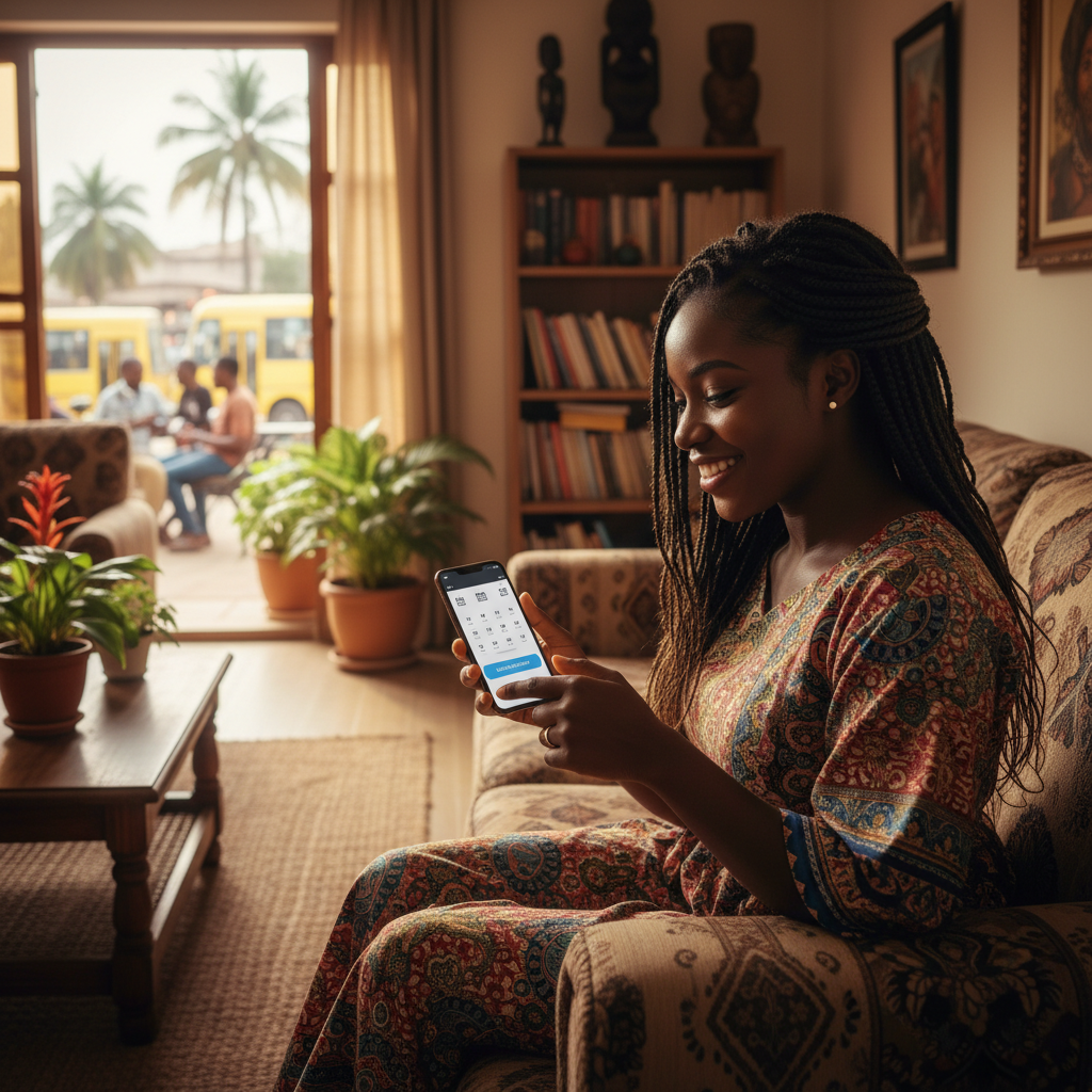 A Nigerian woman happily booking her next nail appointment on the TrustAm app.