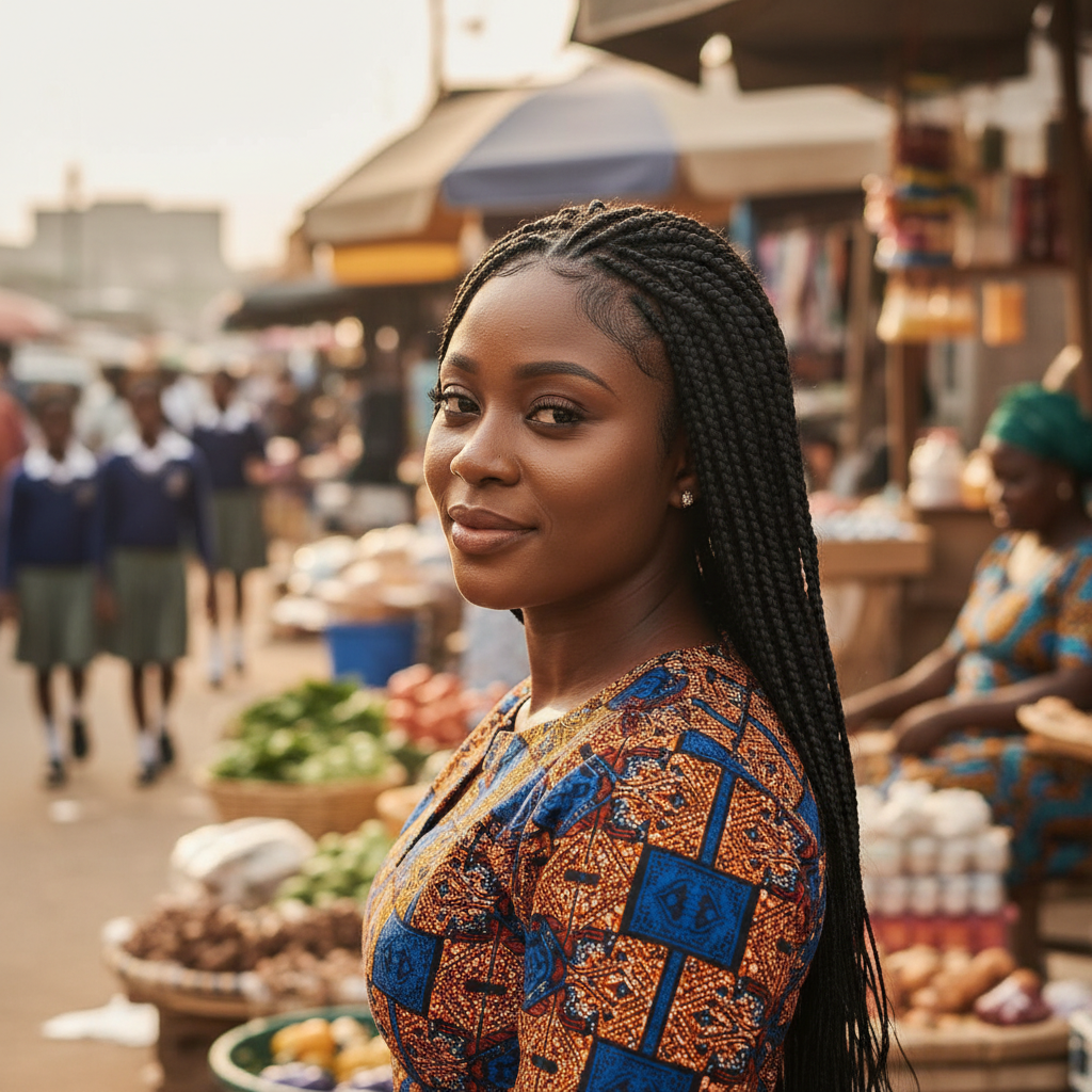 A close-up shot of perfectly neat knotless braids on a Nigerian woman.