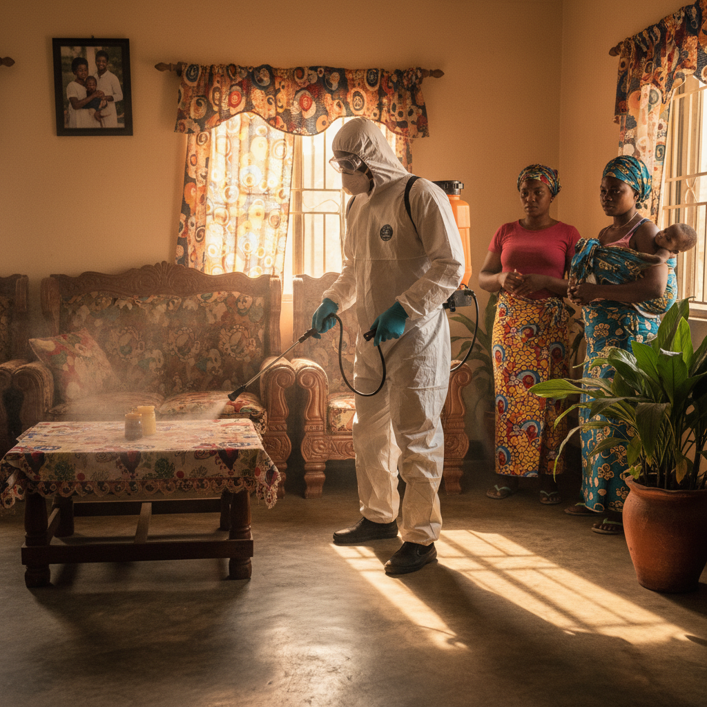 A professional fumigator wearing a mask and protective suit spraying insecticide in a kitchen.