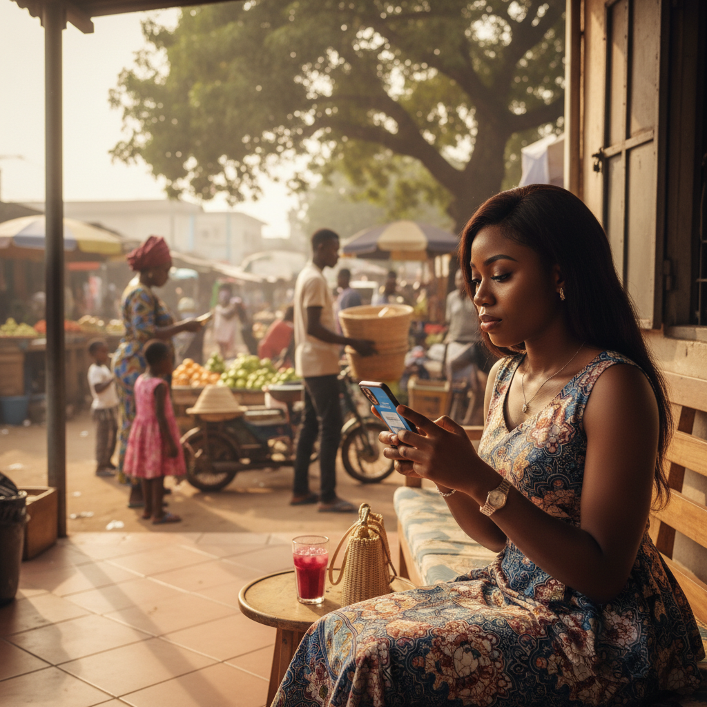 A young Nigerian woman using the TrustAm app to find and book a verified nail technician in Lagos.
