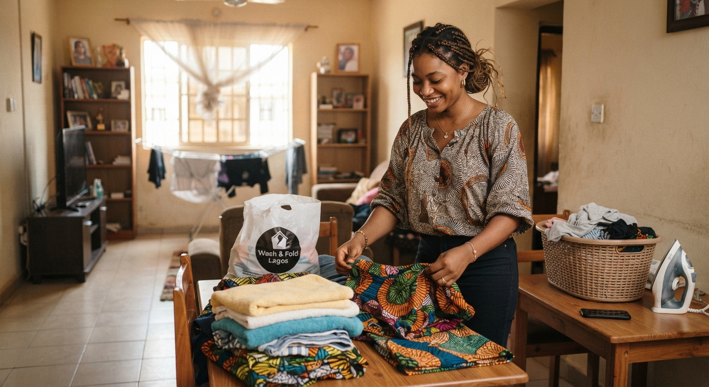 Young Nigerian woman folding clean clothes after a laundry service in her Lagos apartment.