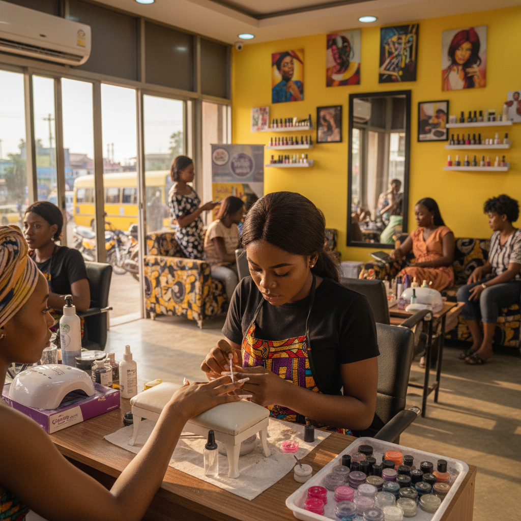 A skilled nail technician carefully applying acrylic to a customer's nails in a clean Lagos salon.