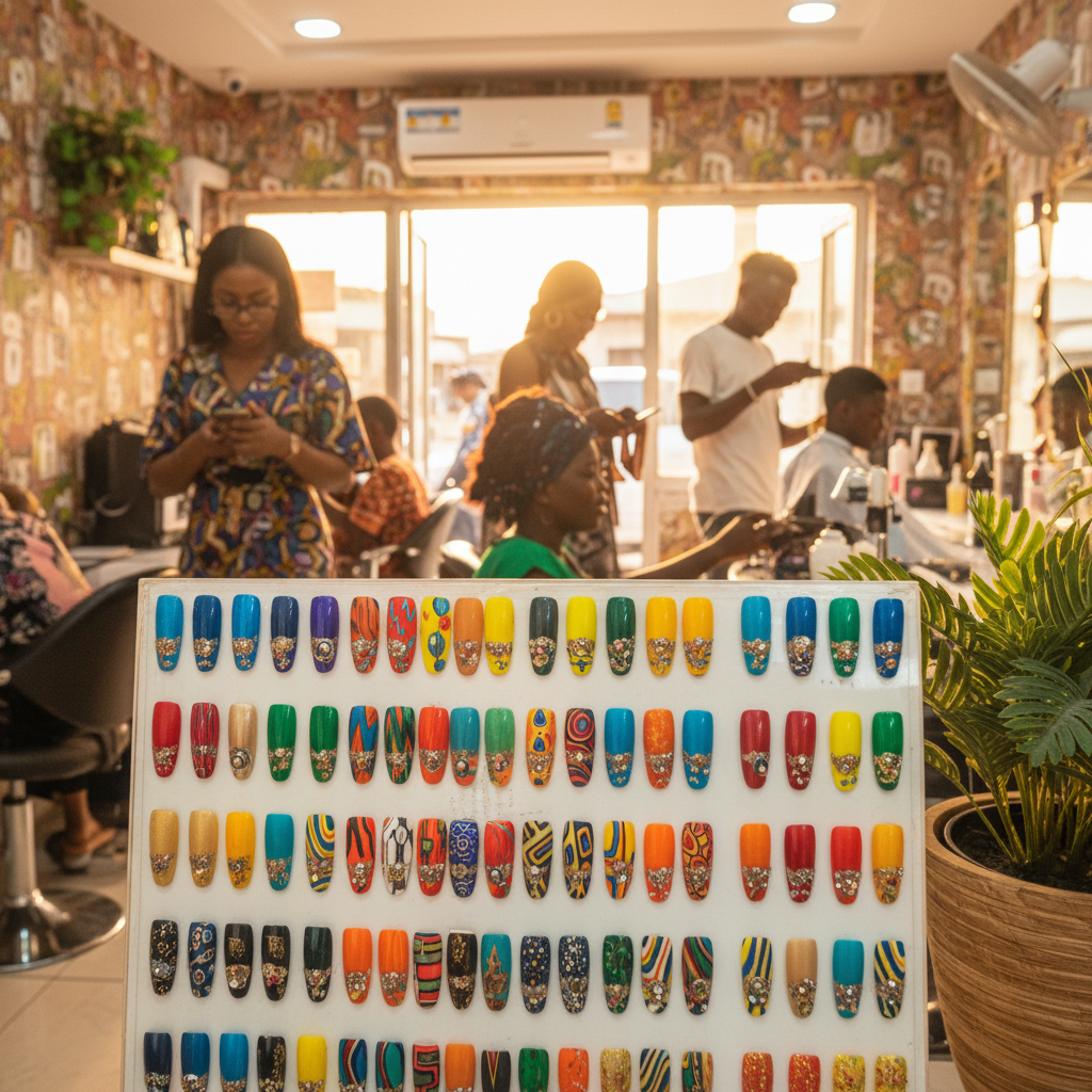 A display of various intricate and colorful nail art designs in a Nigerian nail salon.