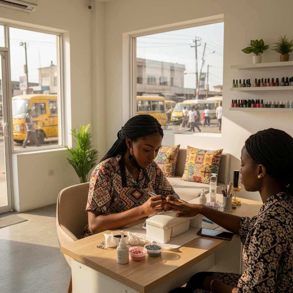 A skilled nail technician carefully applying acrylic powder to a client's nails in a modern Lagos salon.