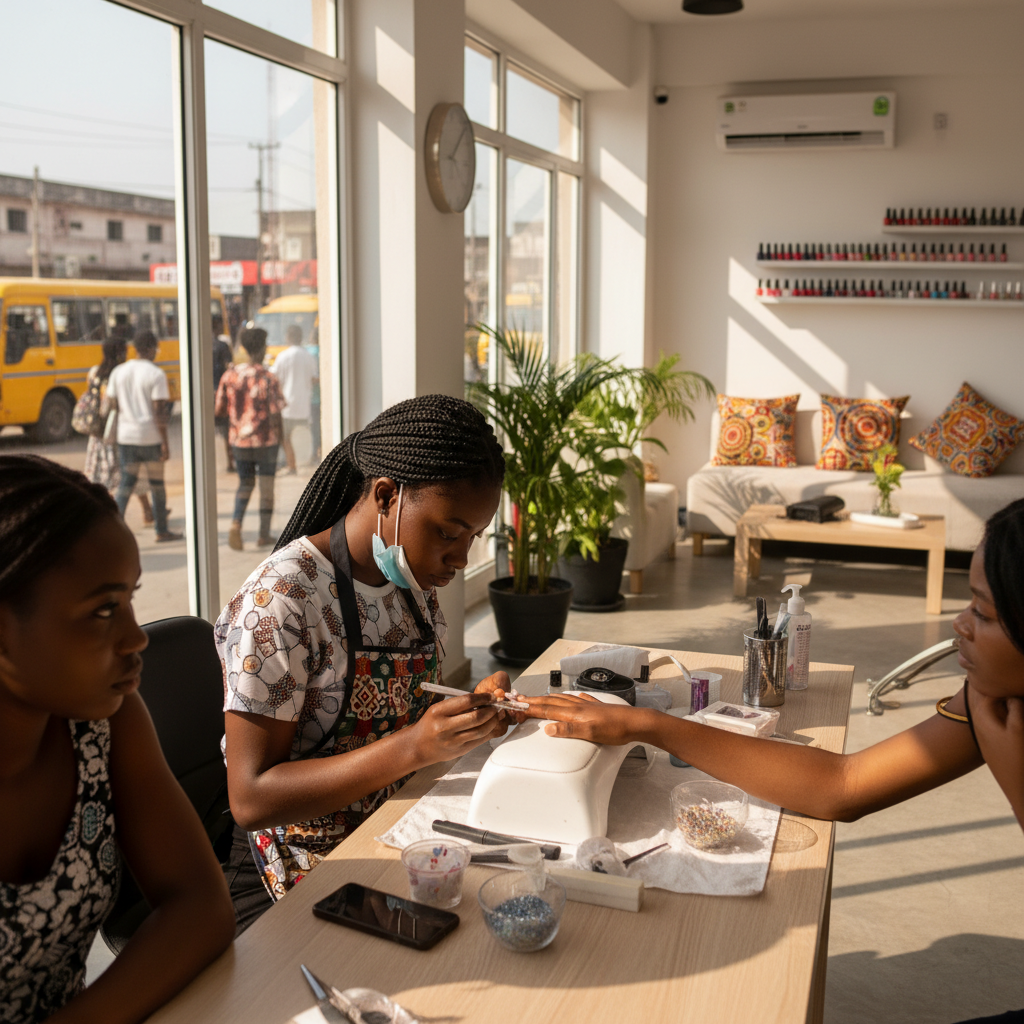 A skilled nail technician carefully applying an acrylic nail for a client in a well-lit Lagos salon.