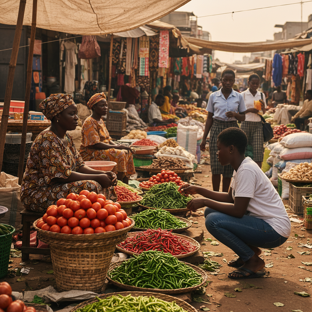 A market stall in Nigeria with vibrant red tomatoes and peppers, showing the cost of food.