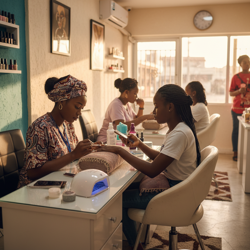 A skilled nail technician carefully applying an acrylic bead to a client's nail in a well-lit salon in Lagos.
