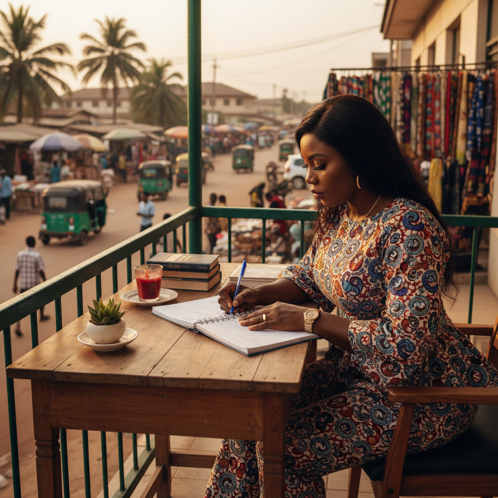 A young Nigerian nail technician writing her business plan in a notebook.