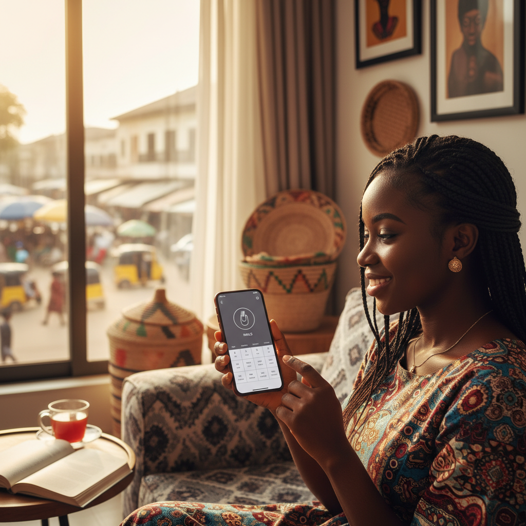 A young Nigerian woman smiling as she browses and books a nail technician on the TrustAm mobile app.