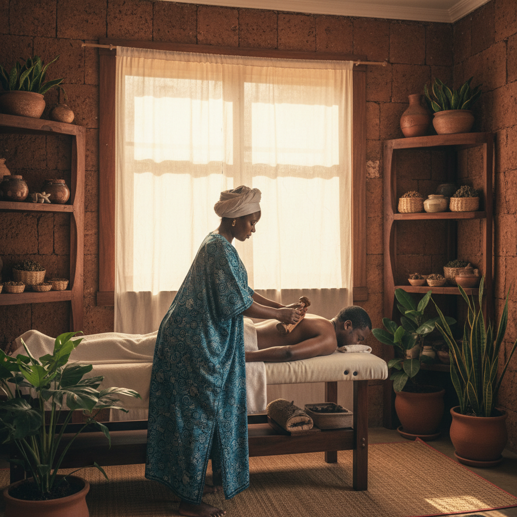 A professional massage therapist giving a client a back massage in a serene spa.