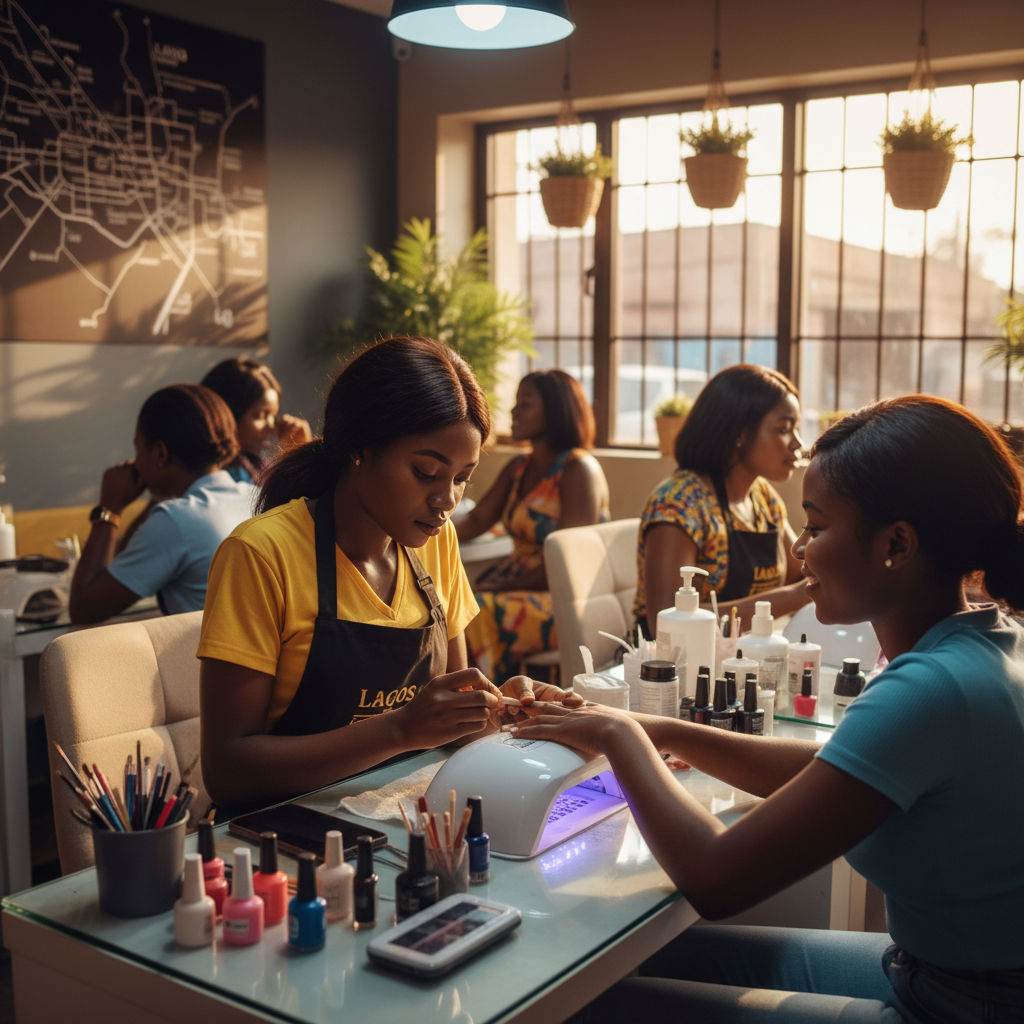 A professional Nigerian nail technician carefully applying acrylic to a client's nails in a well-lit salon in Lagos.