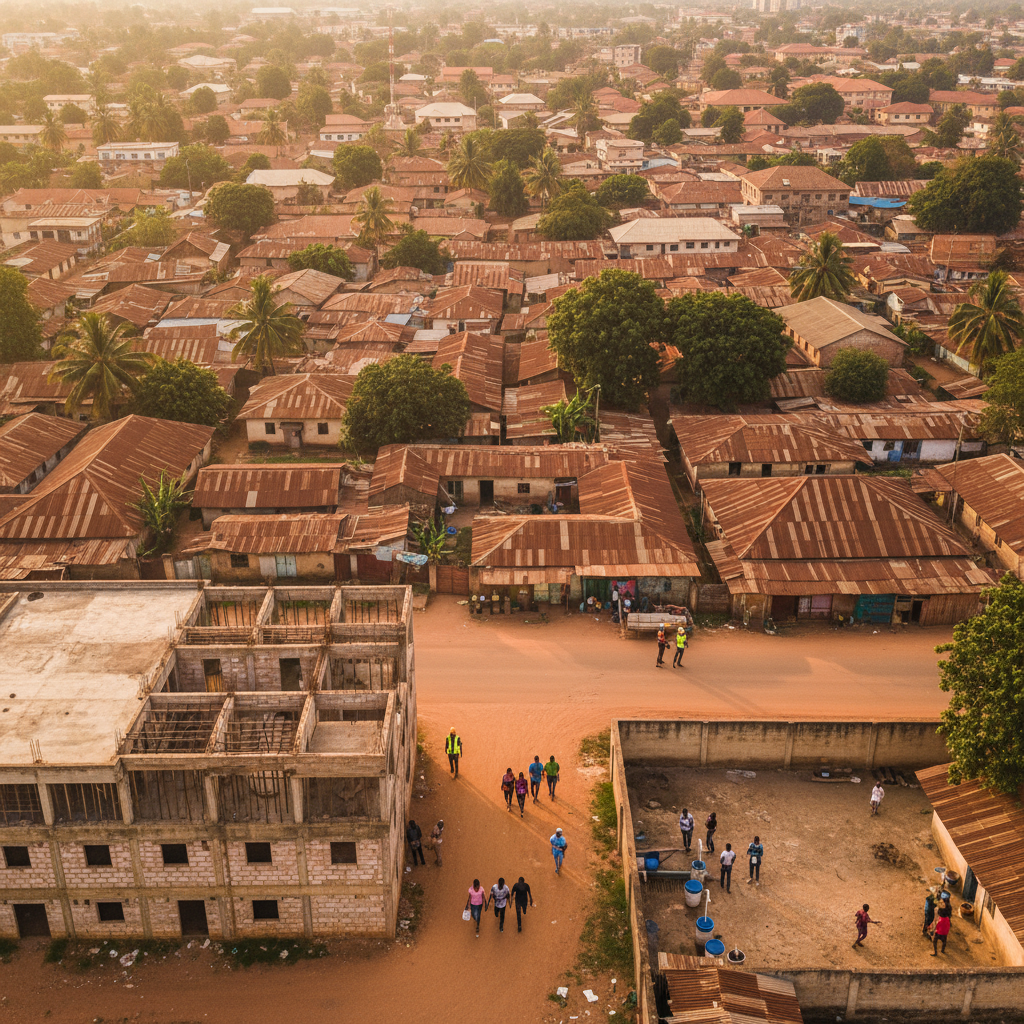 An aerial view of the iconic brown roofs of Ibadan, showcasing its vast and historic landscape.