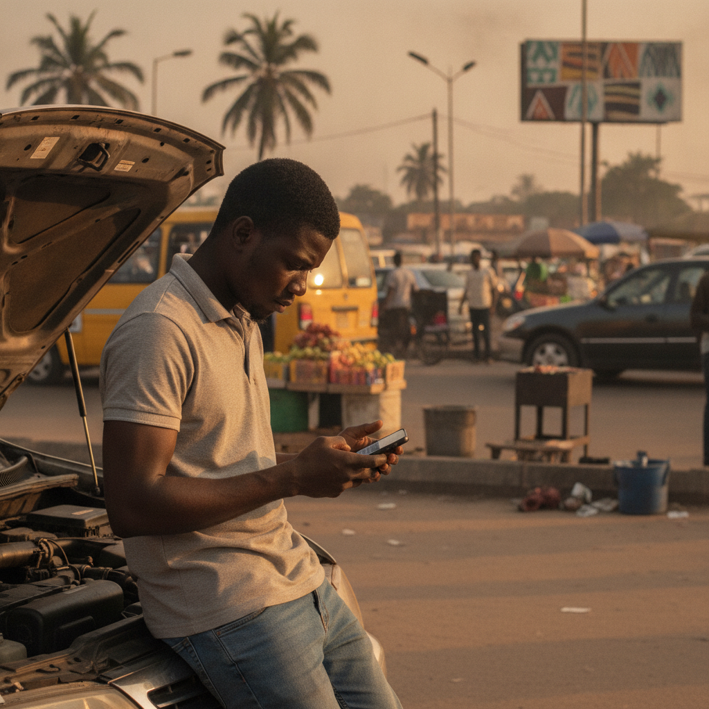 A young Nigerian man in his car using the TrustAm app on his smartphone to find a local mechanic.