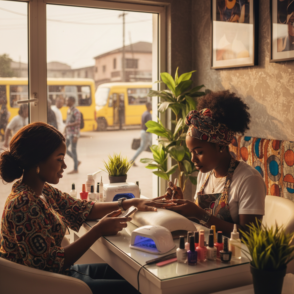 A professional nail technician carefully applying an acrylic nail set for a client in a modern Lagos salon.
