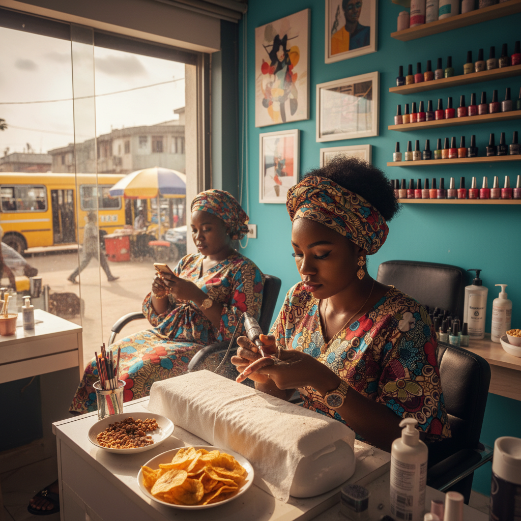 A skilled Nigerian nail technician carefully applying acrylic to a client's nails in a clean Lagos salon.