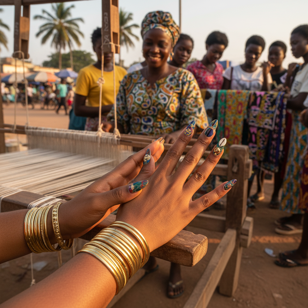 A close-up shot of intricate and colourful nail art on a woman's hands.