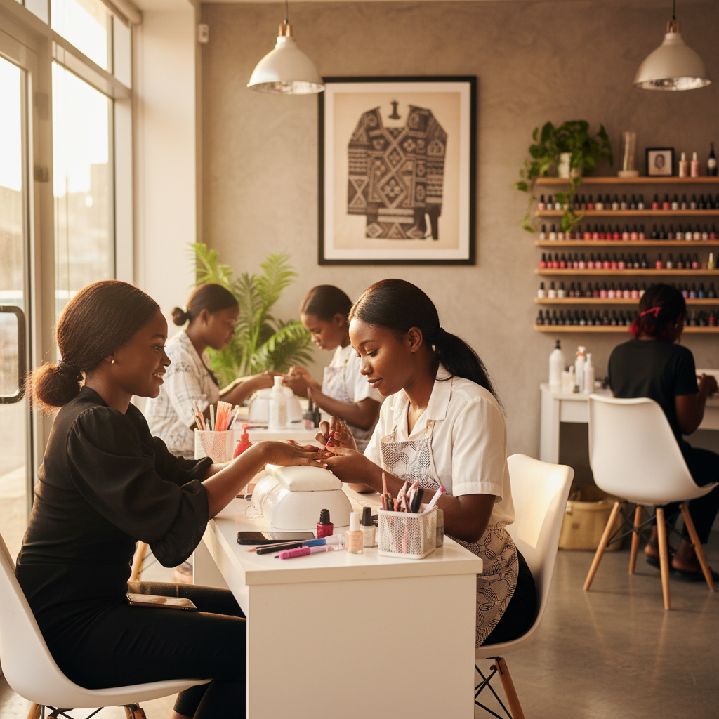 A skilled nail technician in Nigeria applying polish to a client's nails.