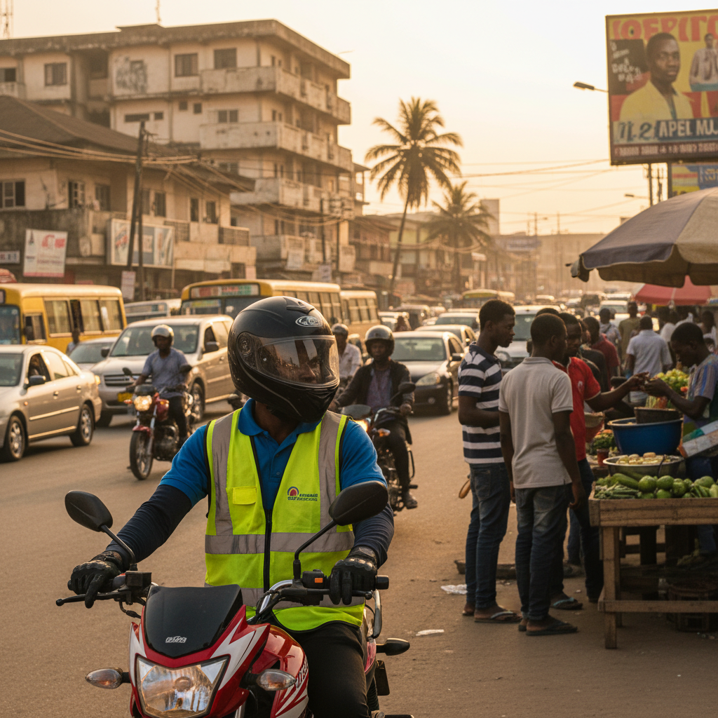 A professional Nigerian dispatch rider in Lagos, wearing a helmet and looking confident.