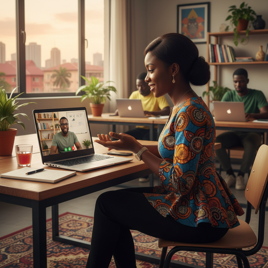 A young Nigerian business owner discussing her website project with a developer over a video call.
