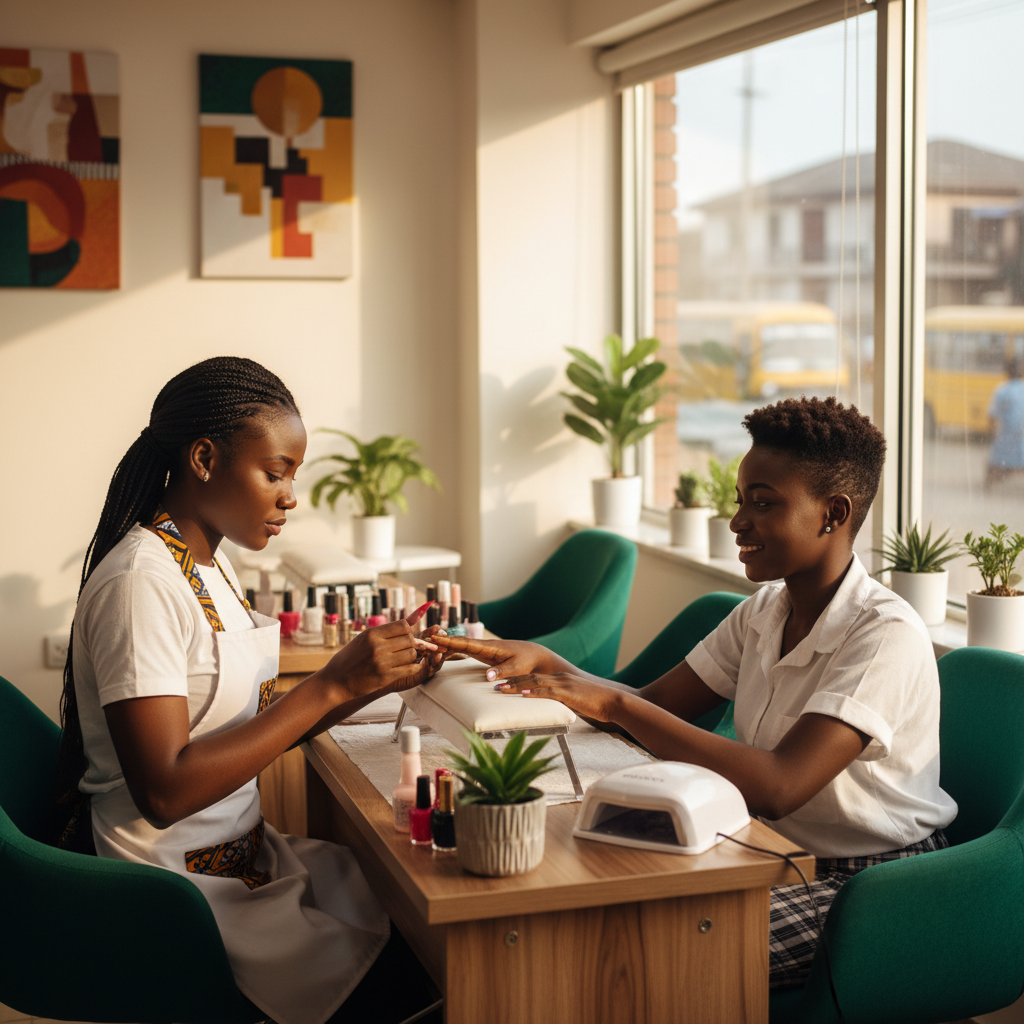 A skilled nail technician carefully applying acrylic powder to a client's nail in a bright Lagos salon.