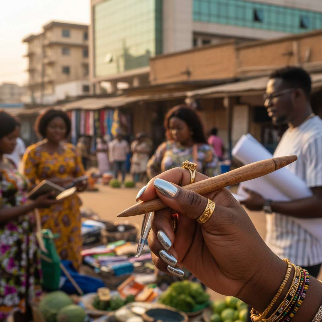 A close-up shot showcasing a flawless chrome manicure on a Nigerian woman's hand.