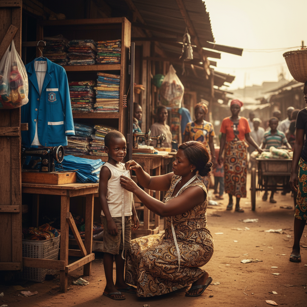 A professional tailor in Nigeria taking measurements of a young boy for his new school uniform.