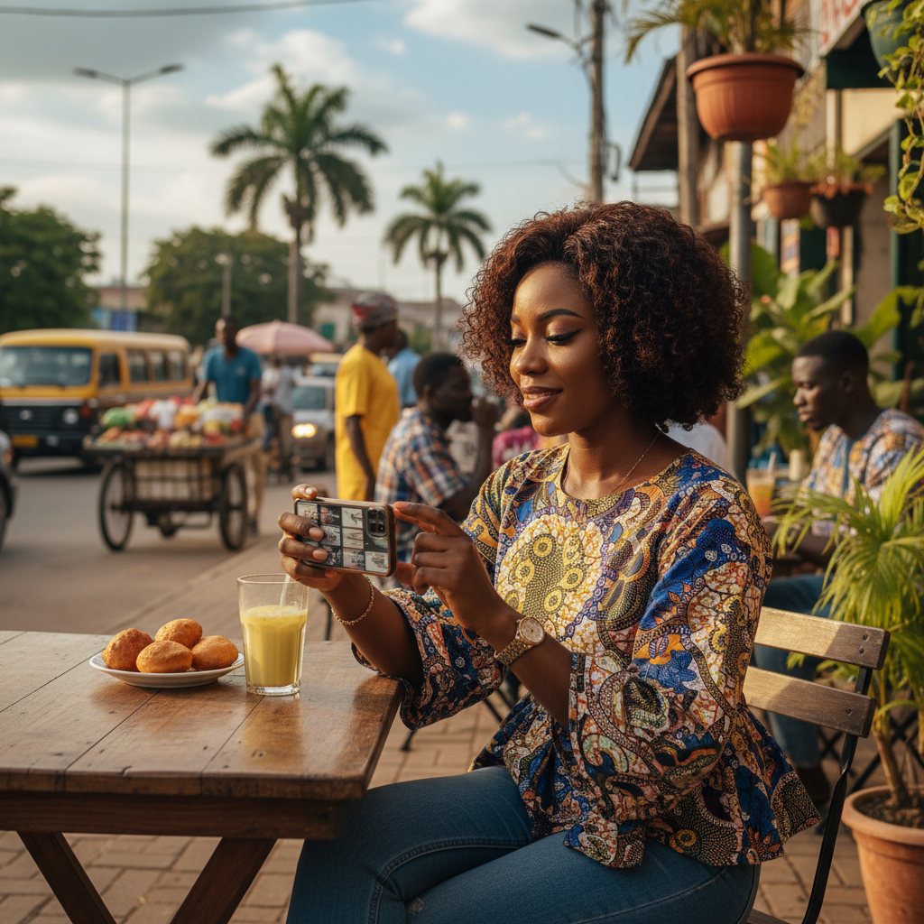 A young Nigerian woman smiling as she browses for nail art inspiration on her smartphone.