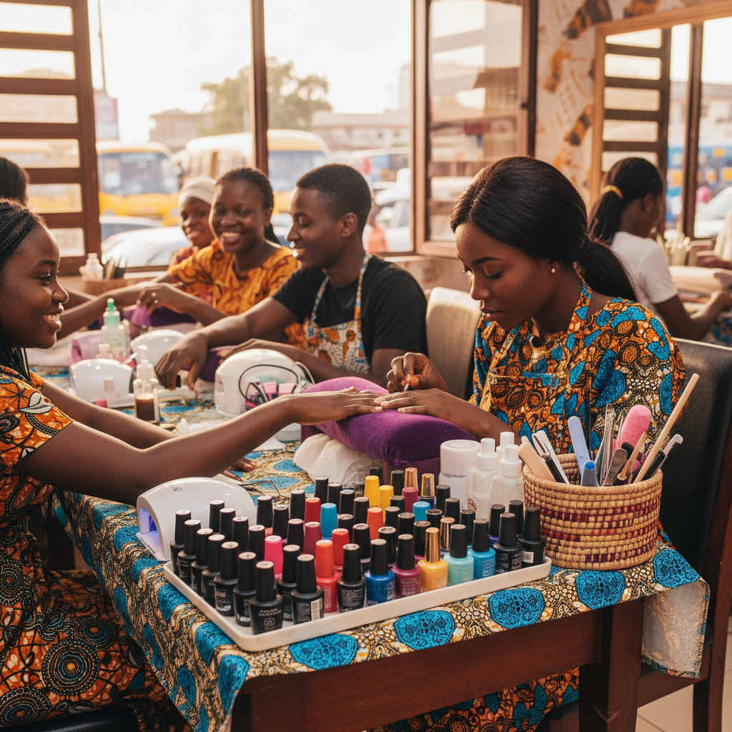 A neatly arranged kit of a mobile nail technician in Nigeria.