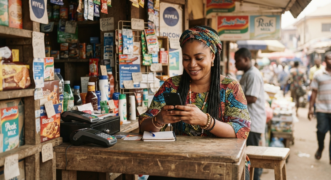 Nigerian shop owner checking phone behind counter