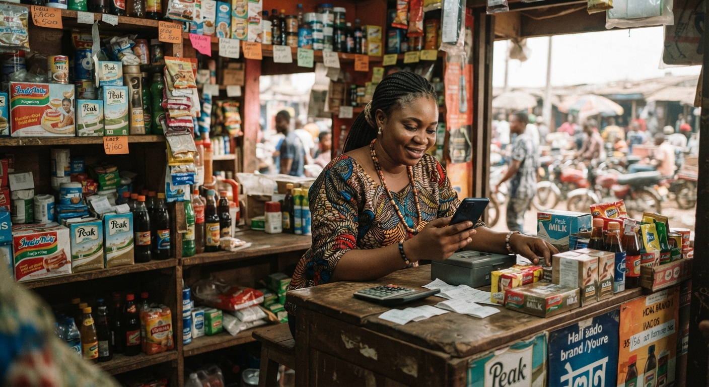 Nigerian shop owner checking phone behind counter
