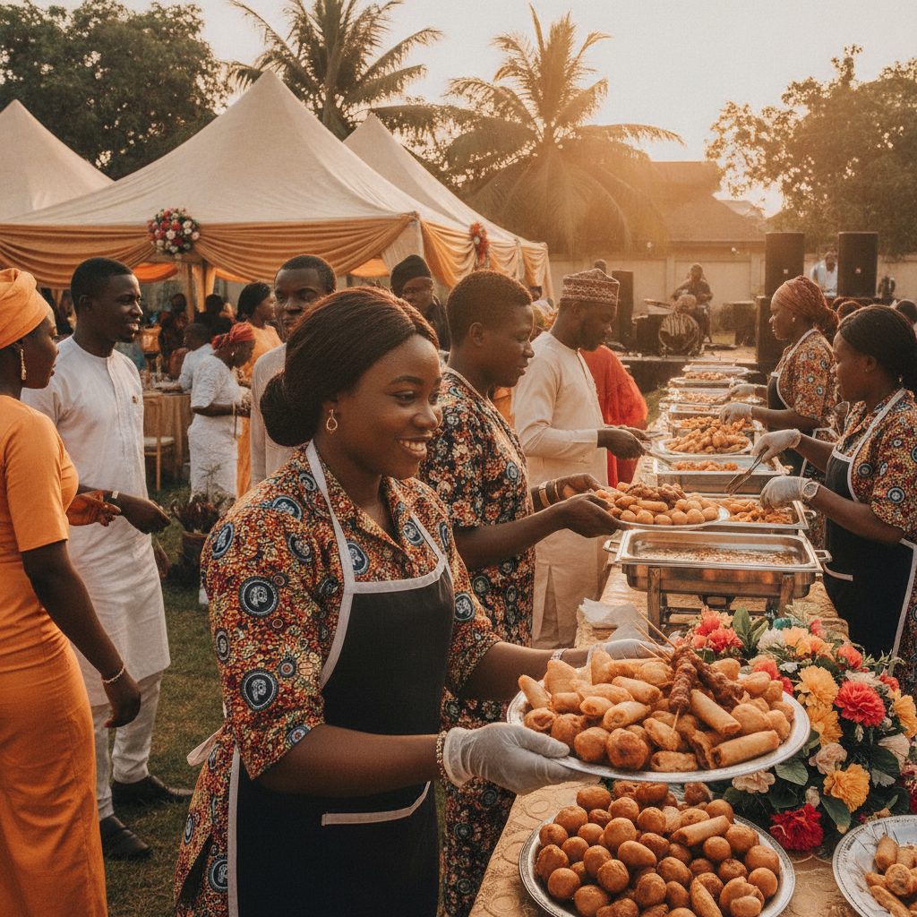 A vendor serving freshly made small chops at a Nigerian wedding reception.